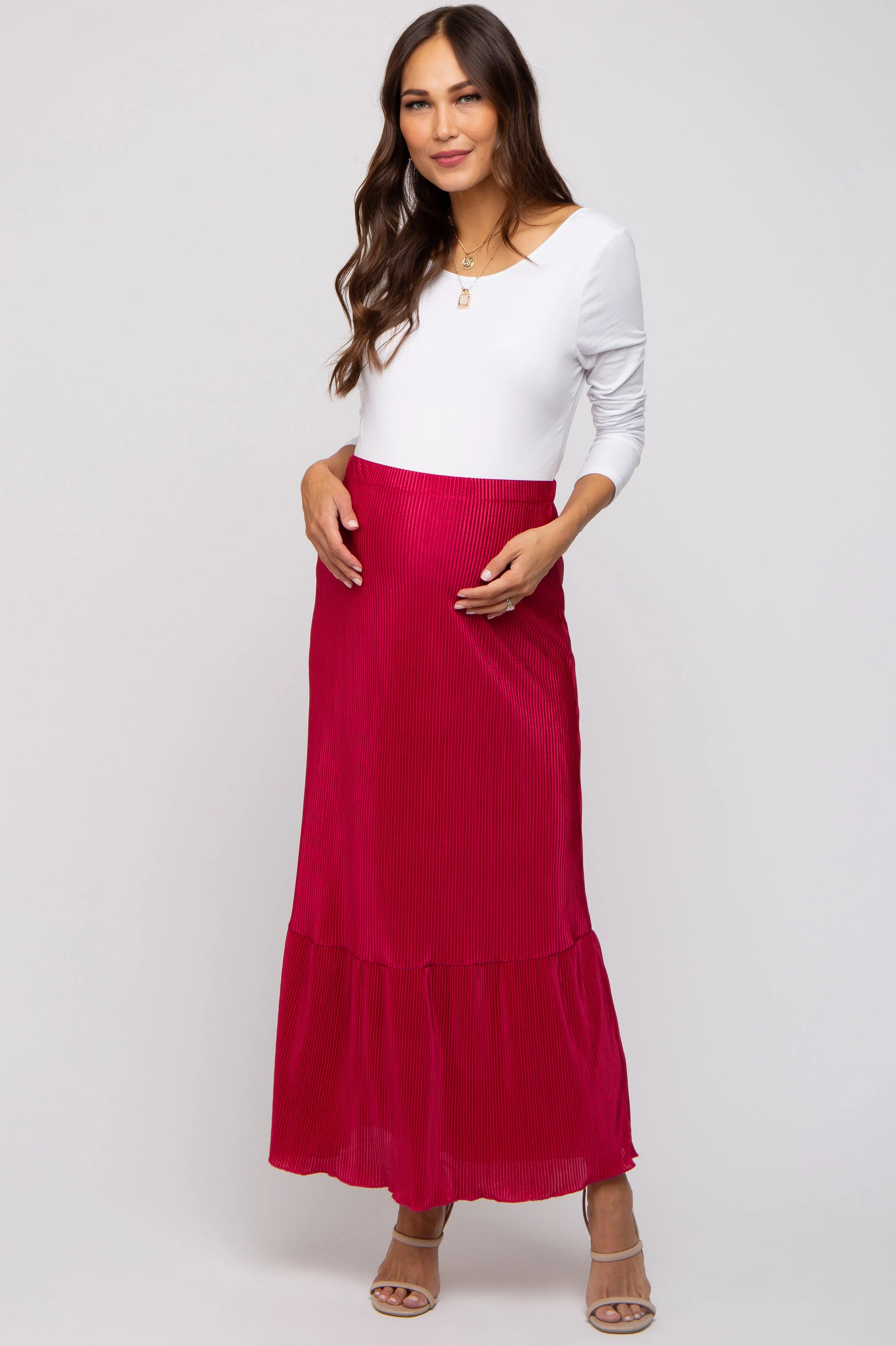 Red Plisse Maternity Maxi Skirt