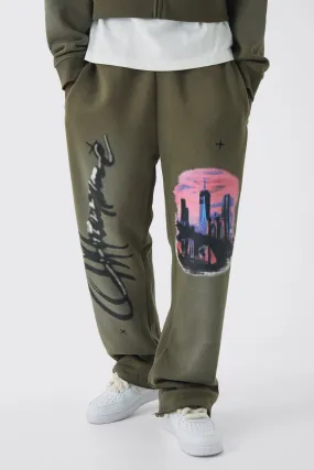 Relaxed Fit Flare Graphic Distressed Brushback Joggers