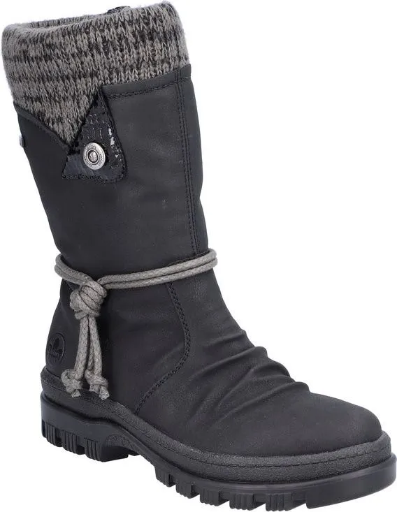 Rieker Black Mid Calf Flip Grip Boot