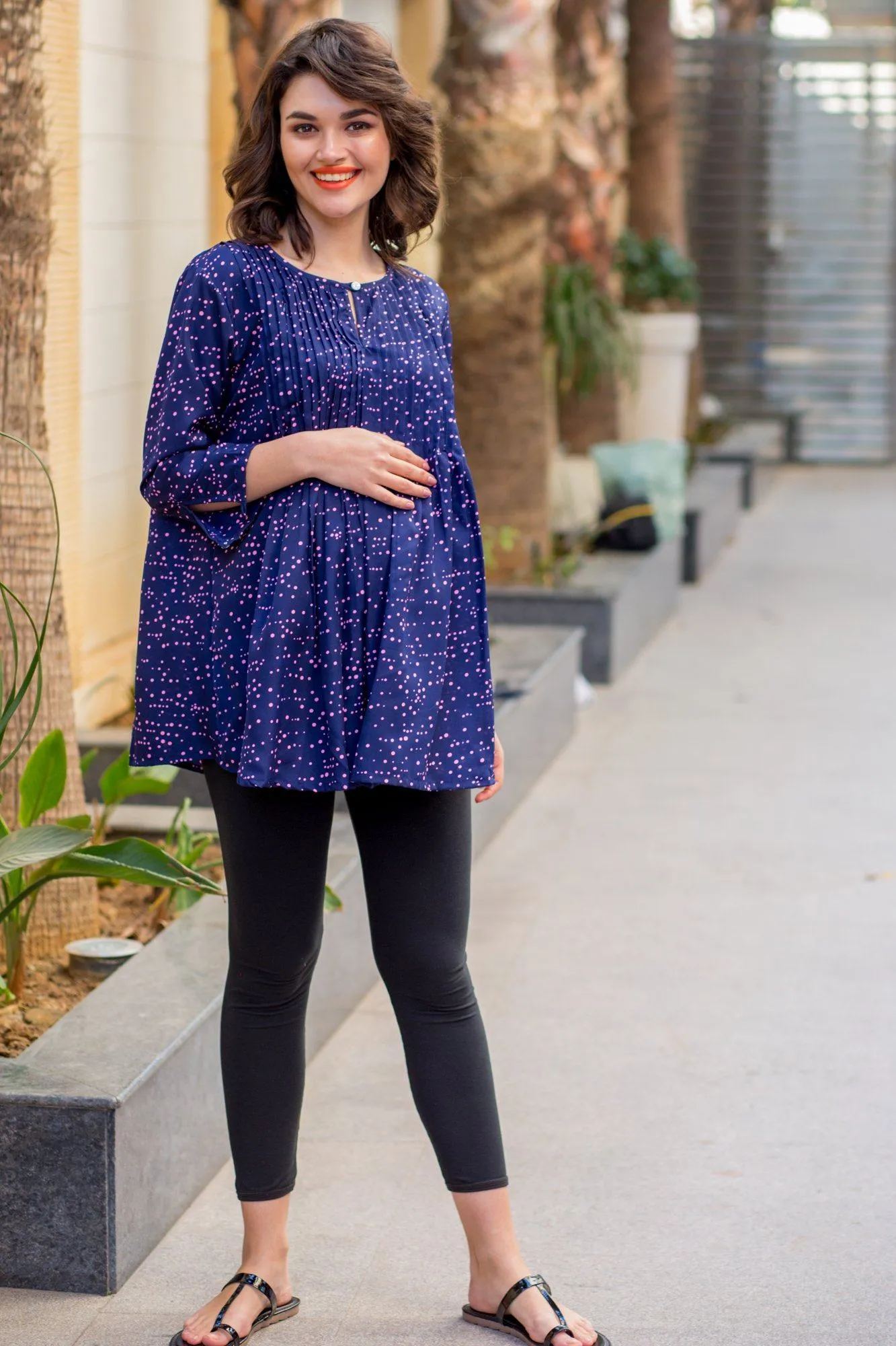 Scattered Polka Print Pintucks Maternity & Nursing Top