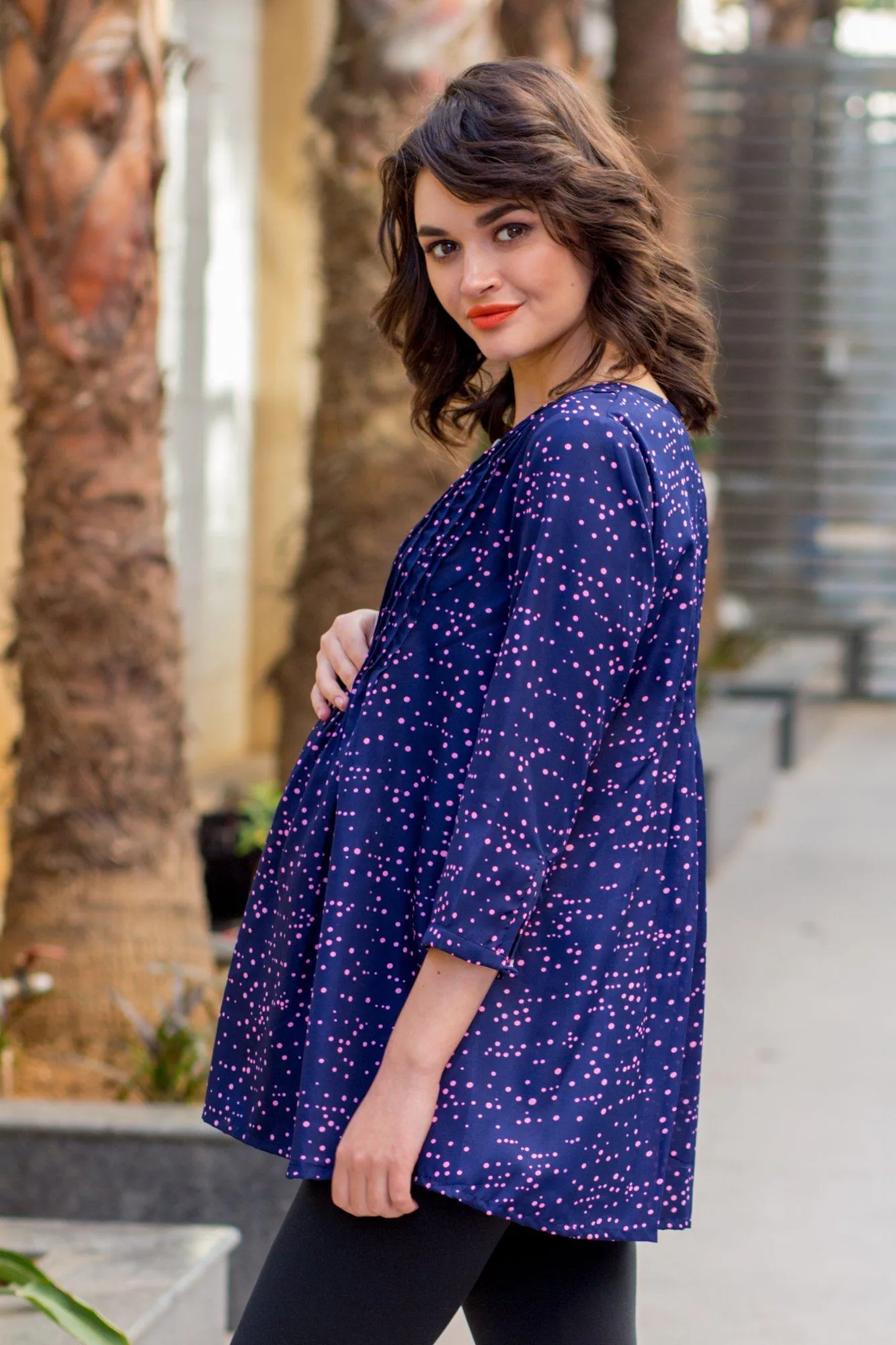 Scattered Polka Print Pintucks Maternity & Nursing Top