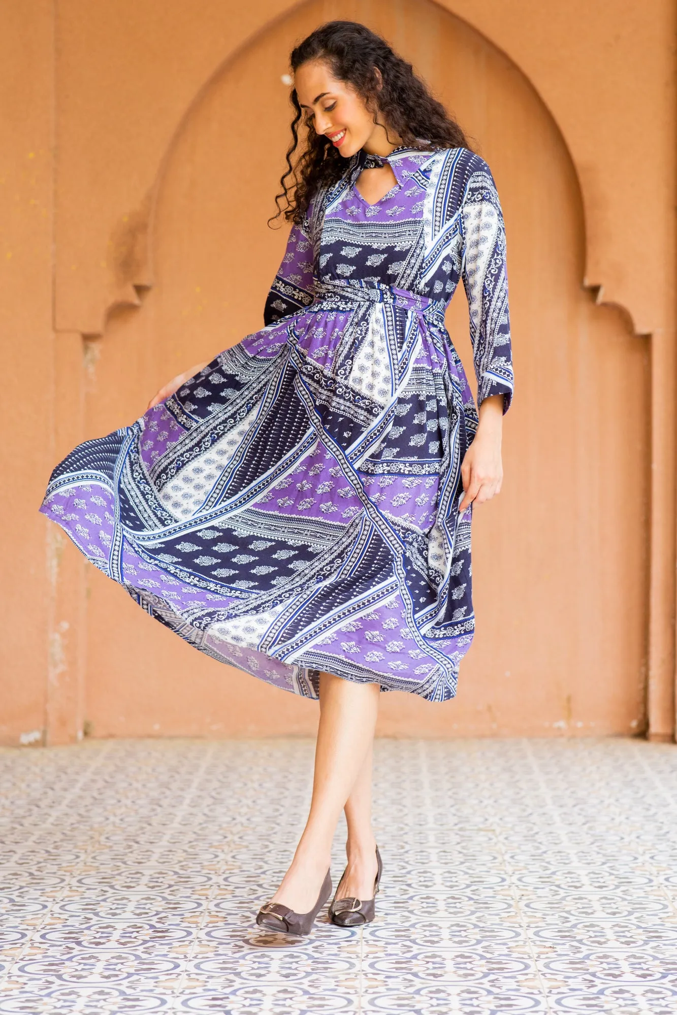 Serene Plum Abstract Maternity & Nursing Dress