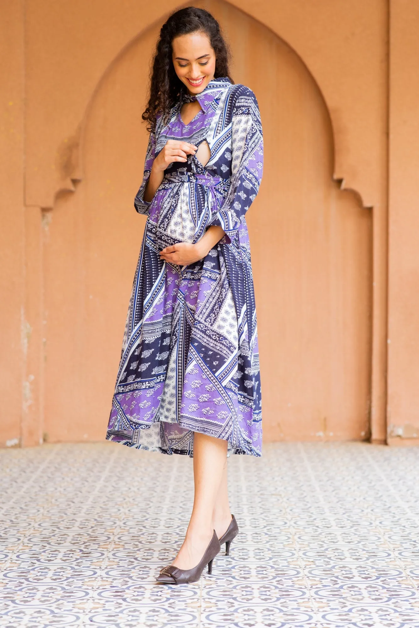 Serene Plum Abstract Maternity & Nursing Dress