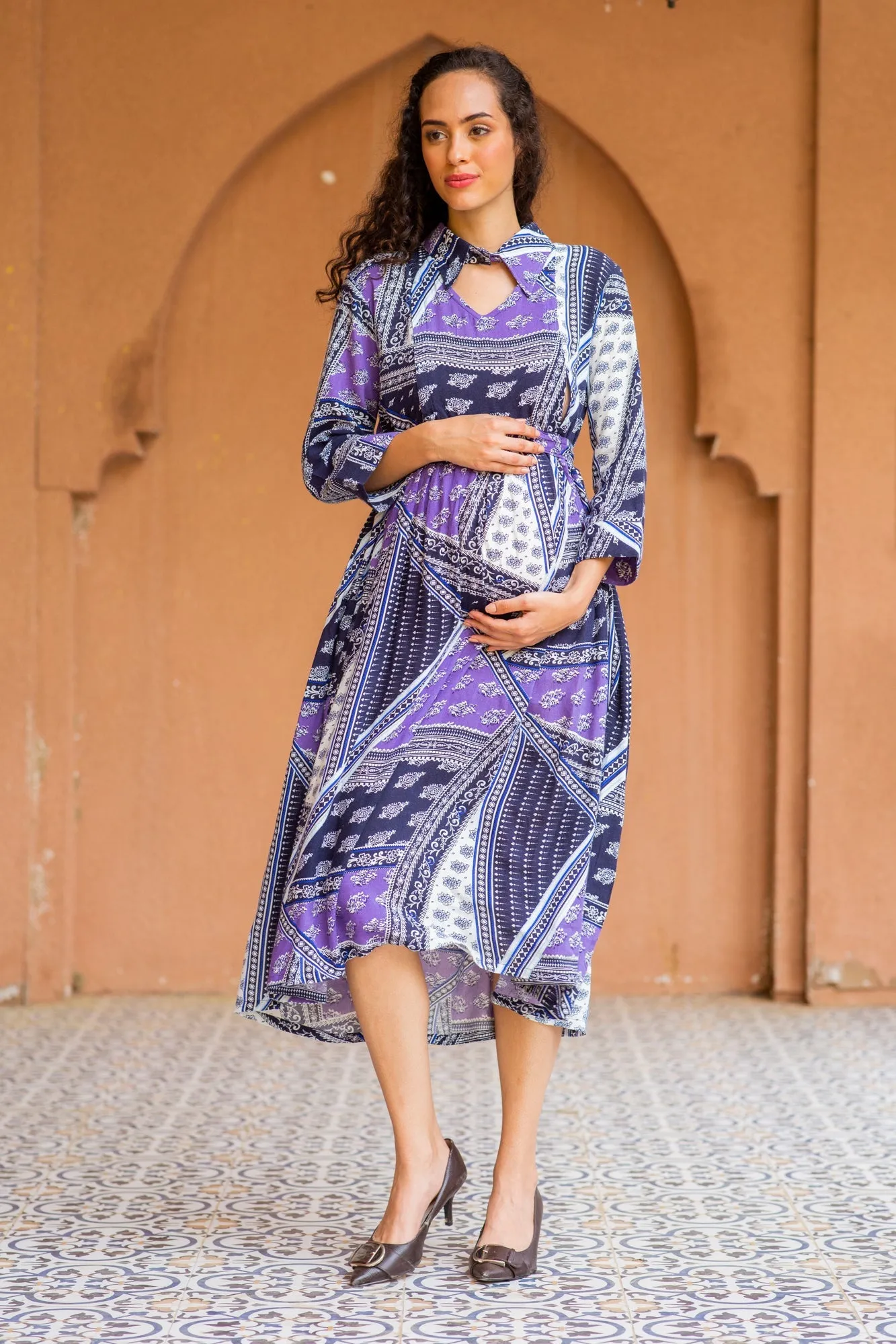 Serene Plum Abstract Maternity & Nursing Dress