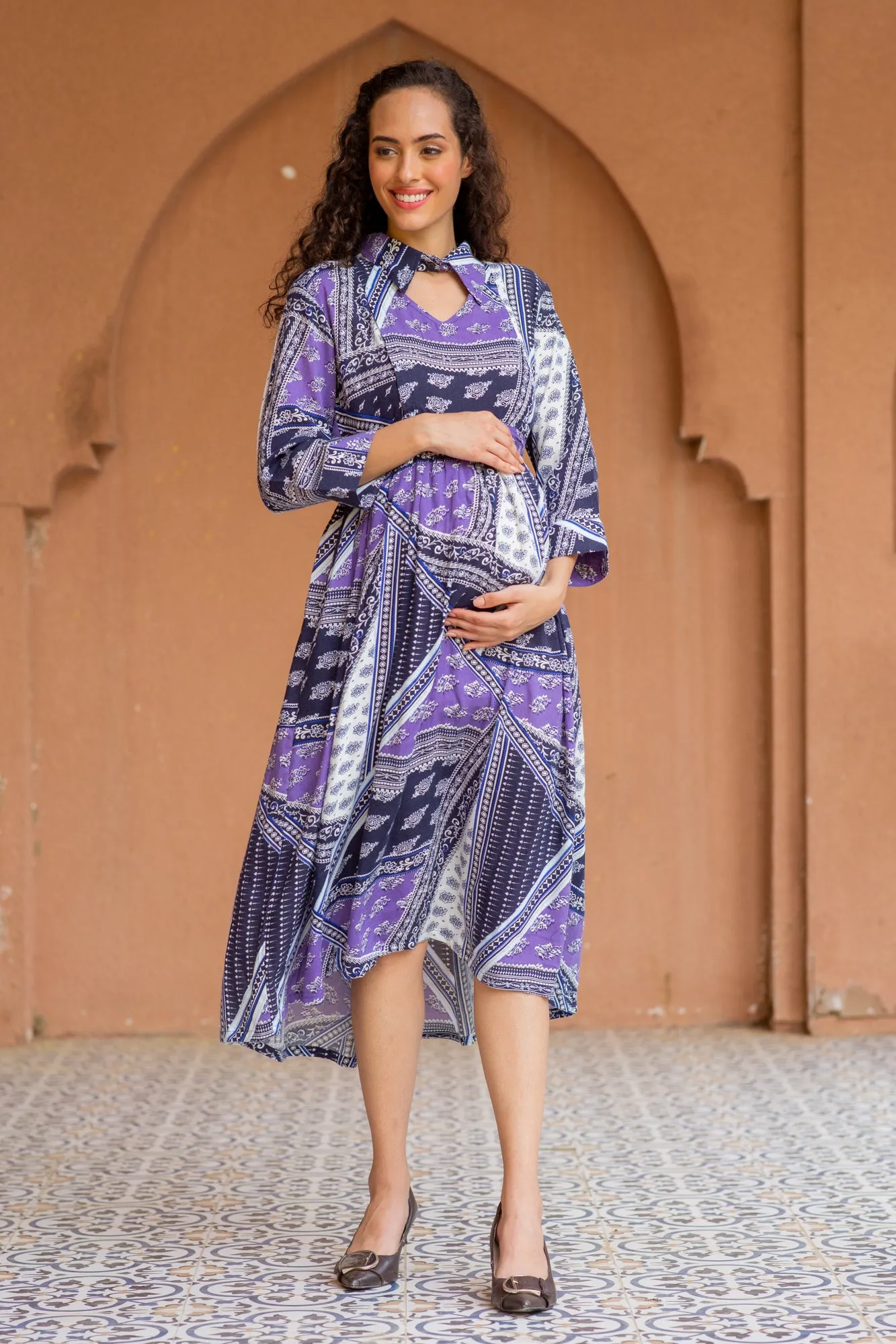 Serene Plum Abstract Maternity & Nursing Dress