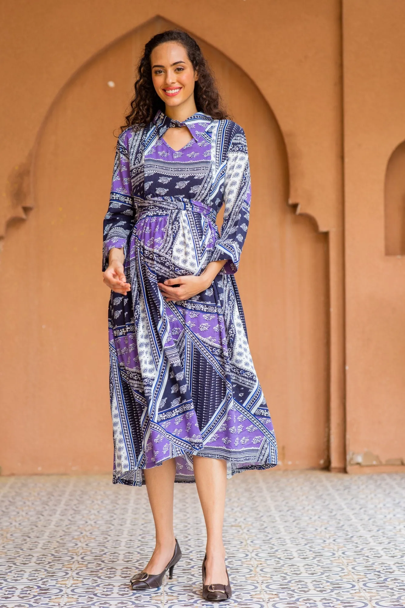 Serene Plum Abstract Maternity & Nursing Dress