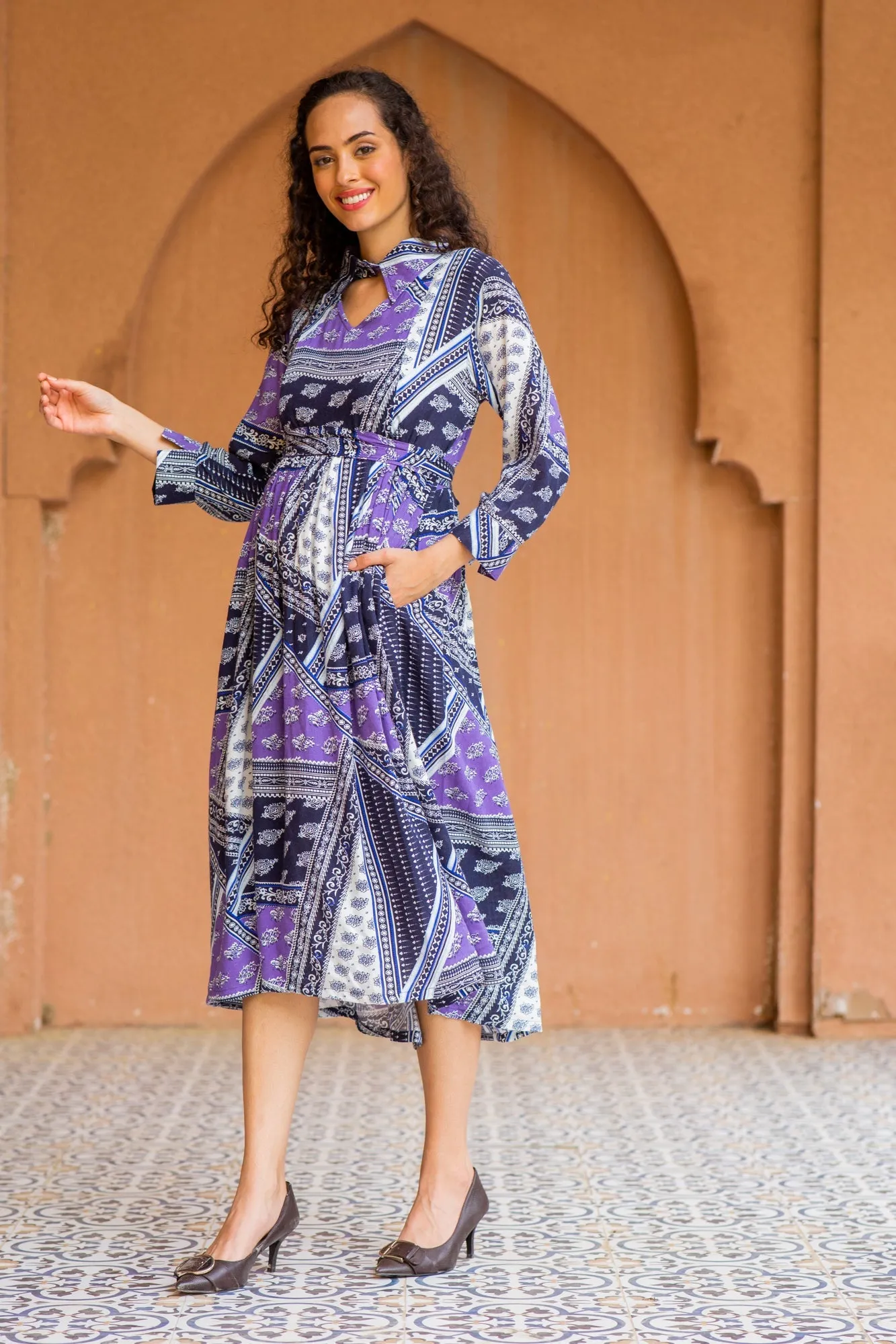 Serene Plum Abstract Maternity & Nursing Dress