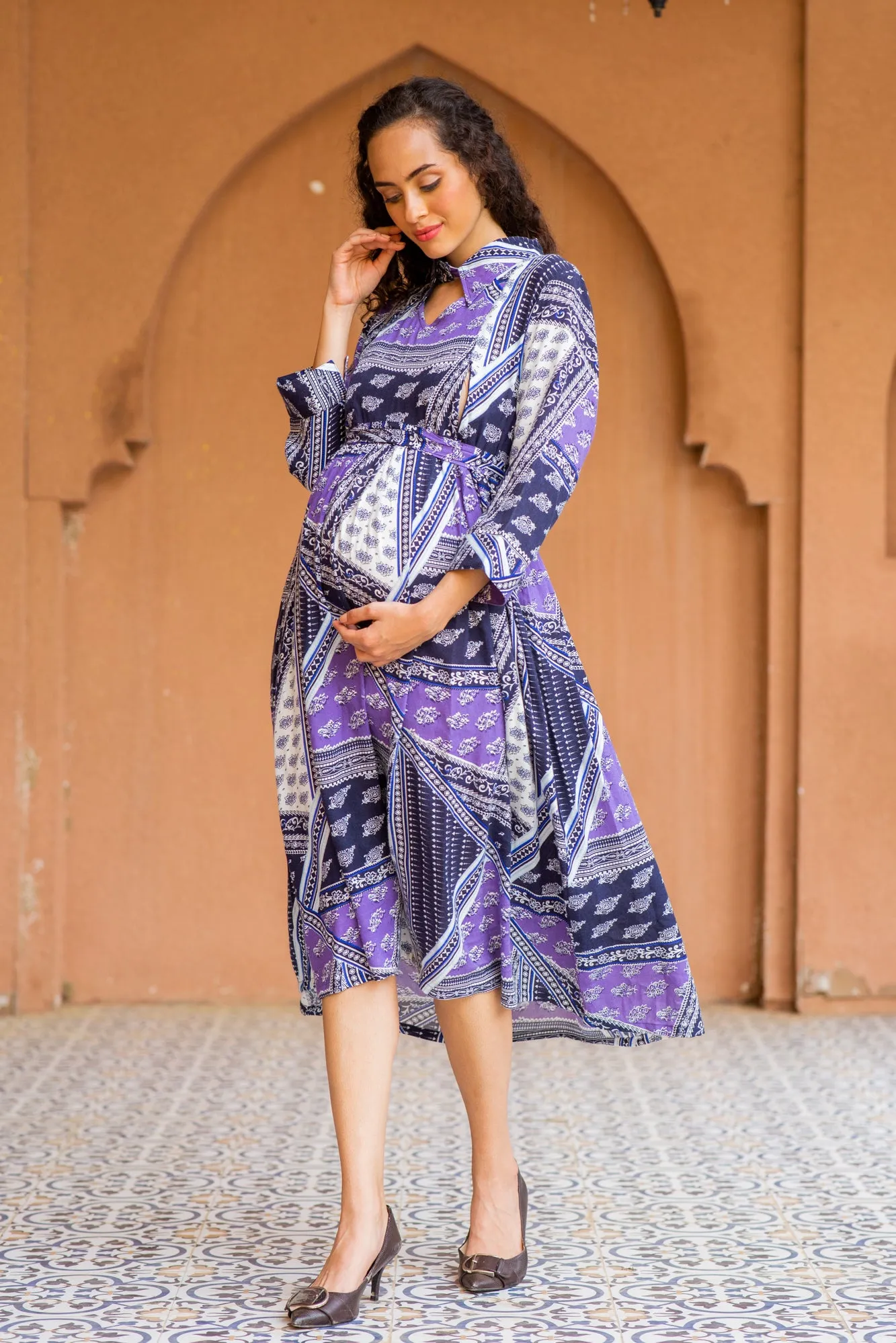 Serene Plum Abstract Maternity & Nursing Dress