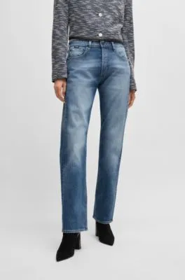 Straight-fit jeans in faded-blue comfort-stretch denim