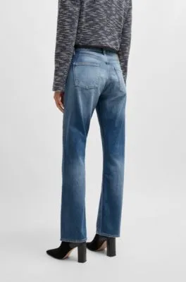 Straight-fit jeans in faded-blue comfort-stretch denim