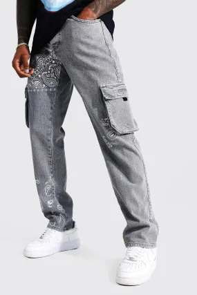 Straight Leg Bandana Printed Cargo Jeans