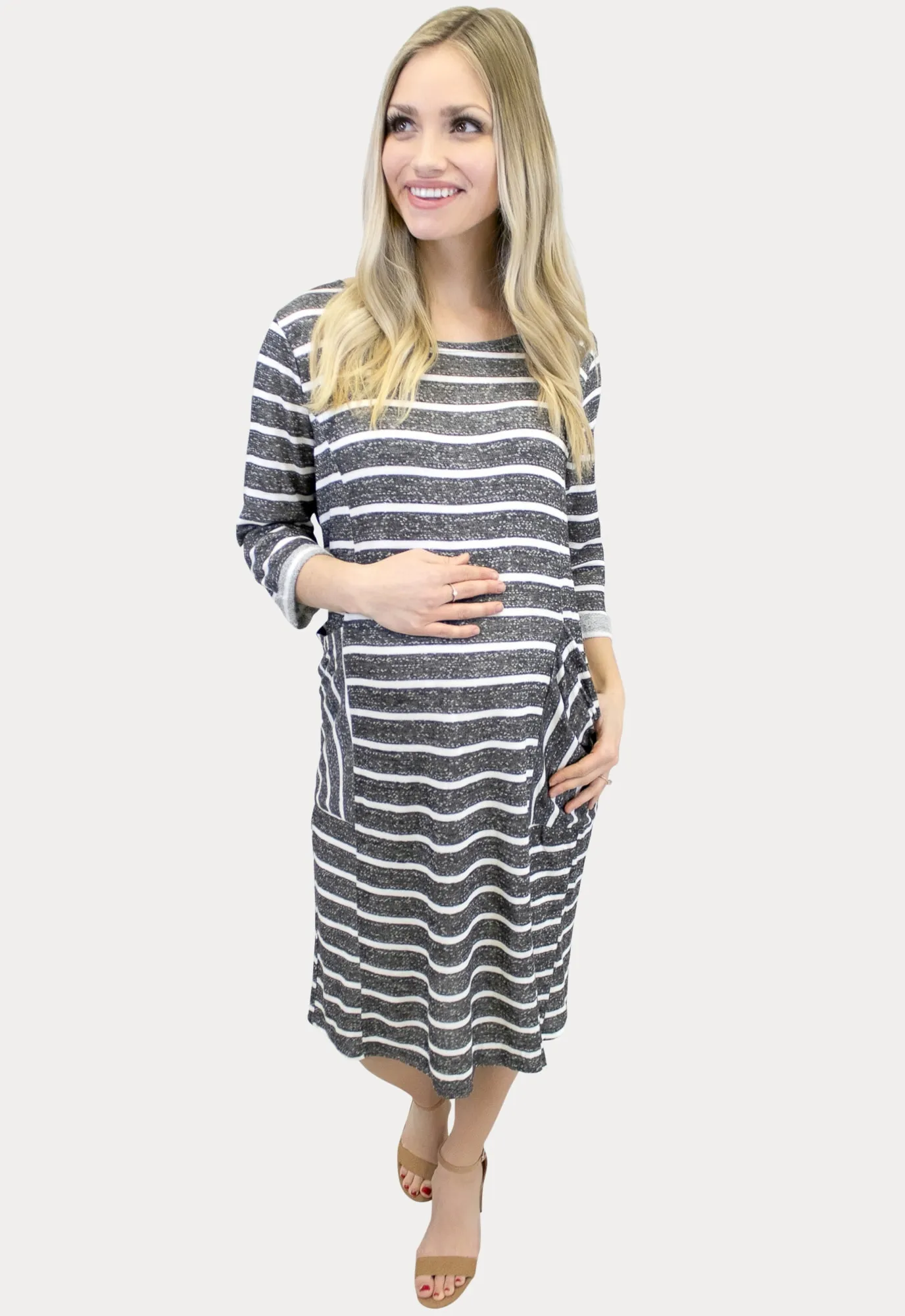 Striped Charcoal Maternity Dress with Pockets