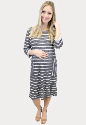 Striped Charcoal Maternity Dress with Pockets