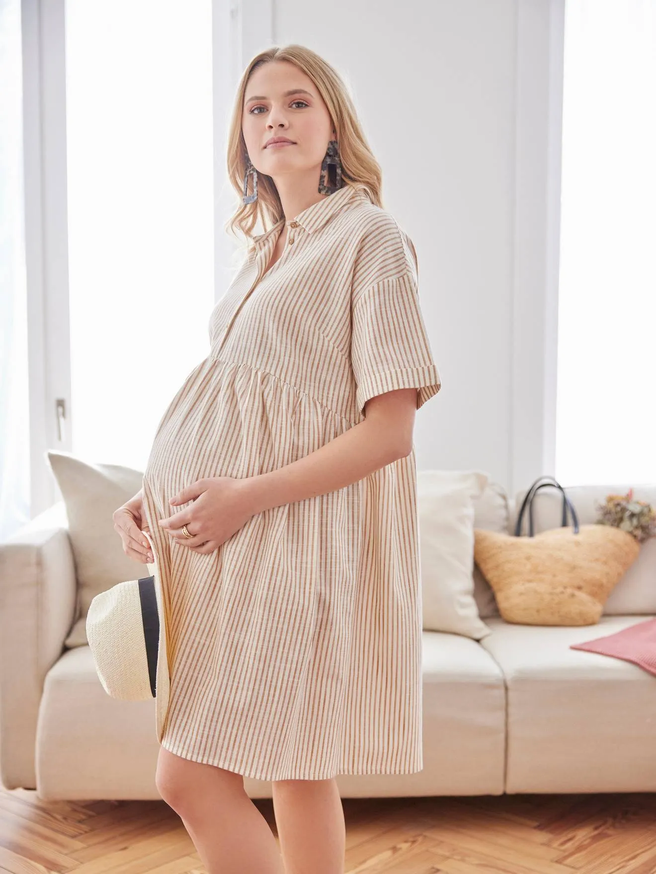 Striped Shirt Dress, Maternity & Nursing Special - caramel