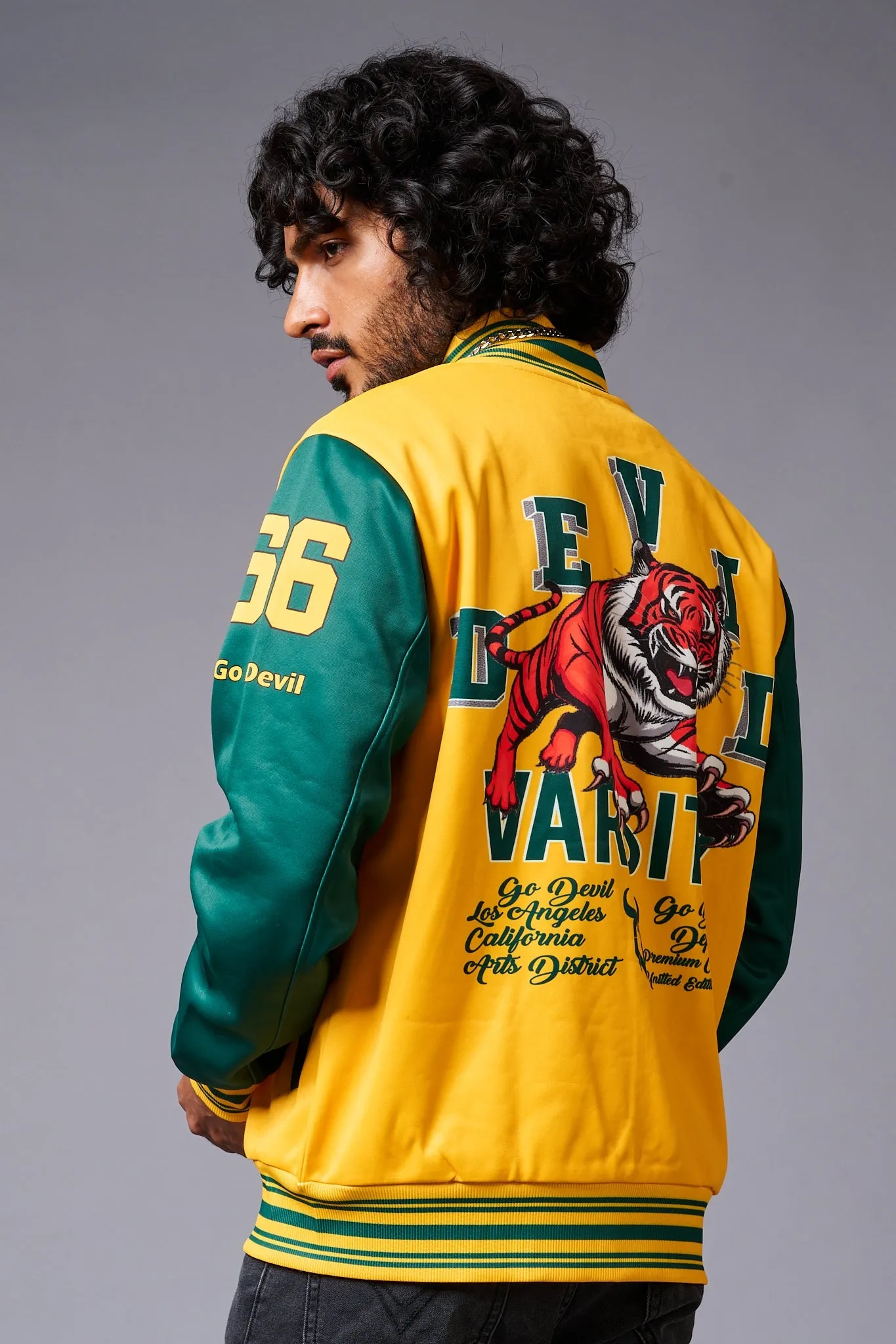 Tiger Printed Yellow & Green Varsity Jacket for Men