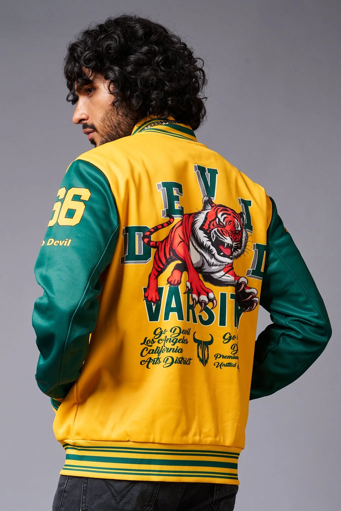 Tiger Printed Yellow & Green Varsity Jacket for Men