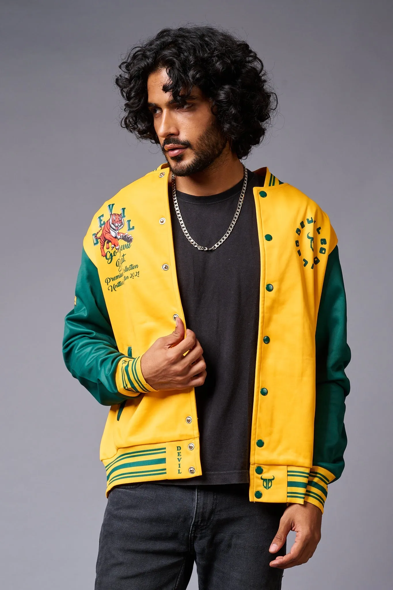 Tiger Printed Yellow & Green Varsity Jacket for Men