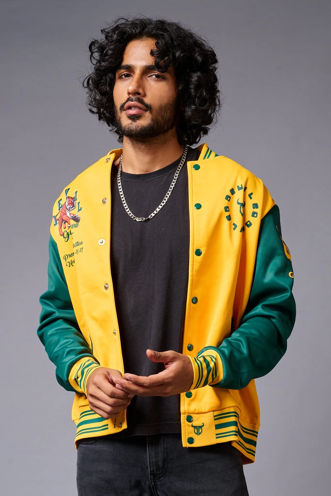 Tiger Printed Yellow & Green Varsity Jacket for Men