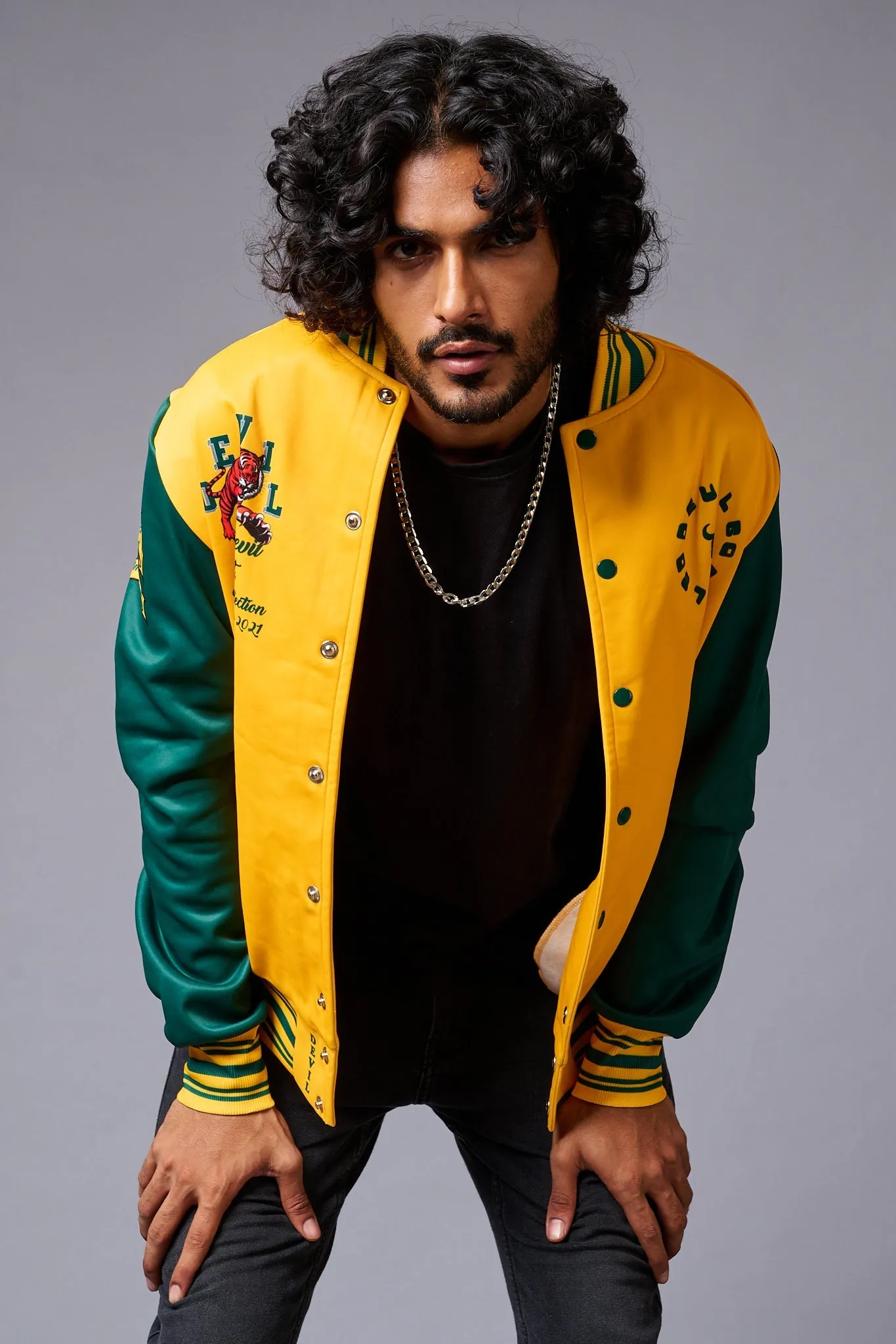 Tiger Printed Yellow & Green Varsity Jacket for Men