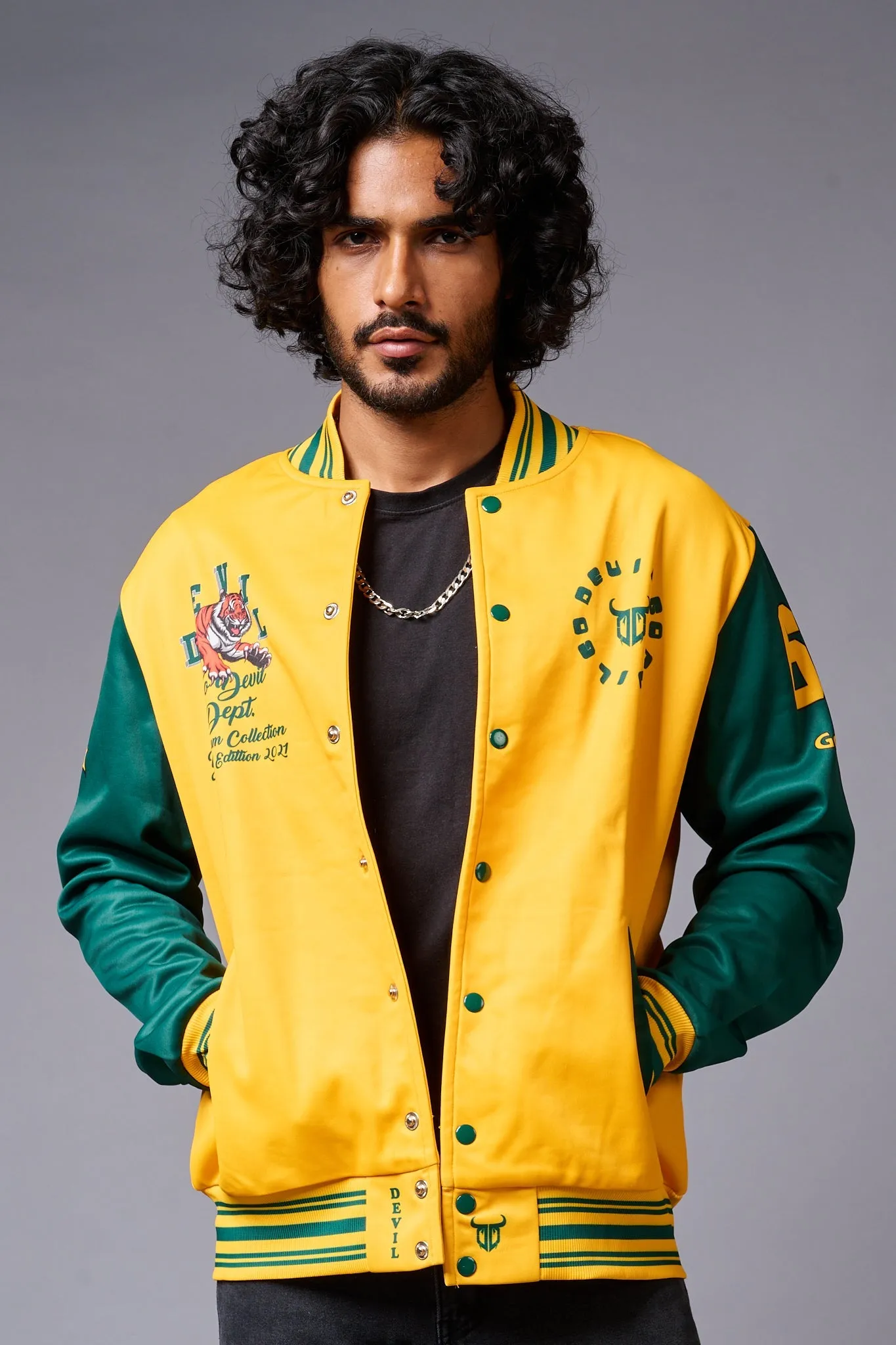 Tiger Printed Yellow & Green Varsity Jacket for Men