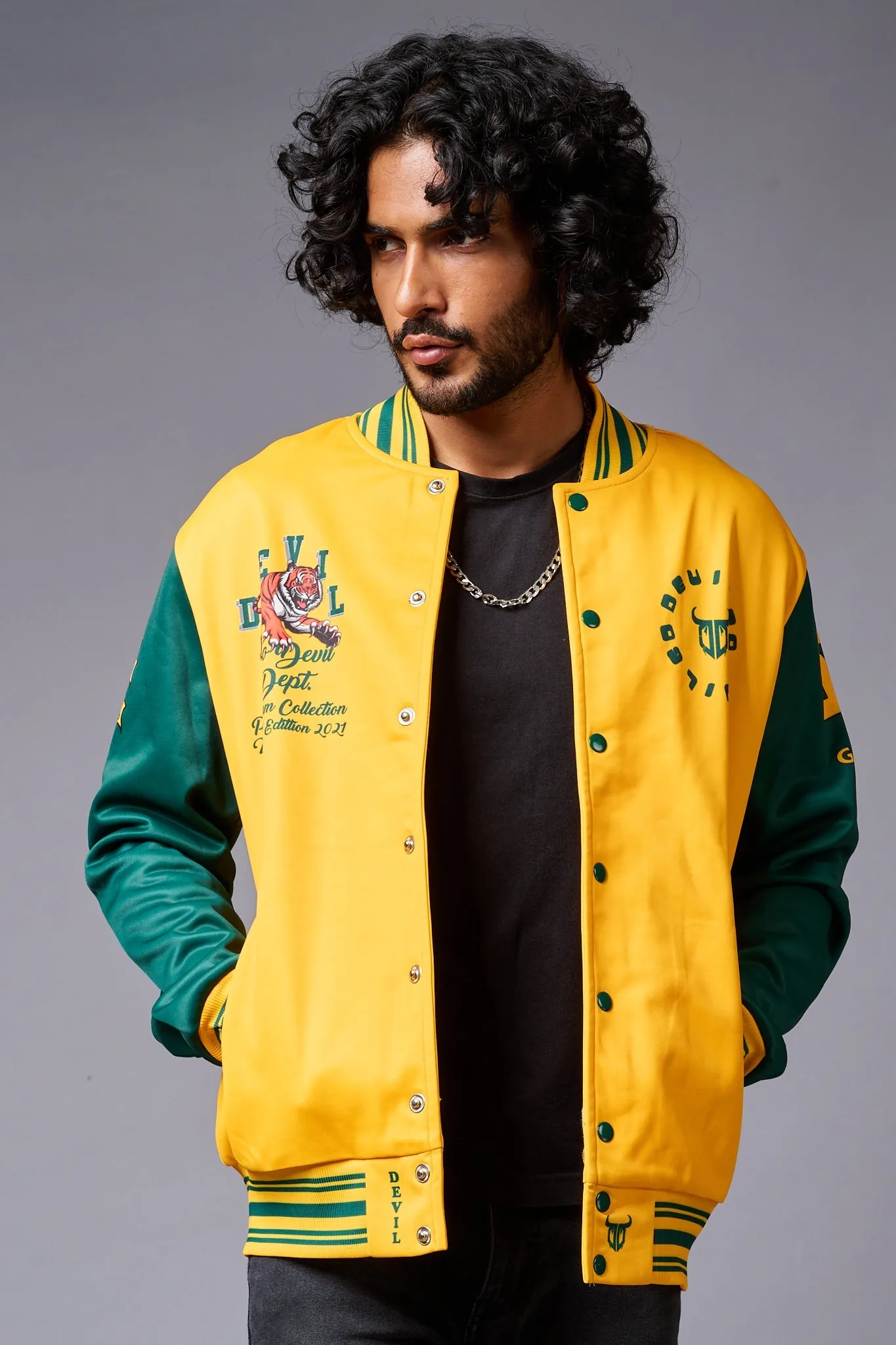 Tiger Printed Yellow & Green Varsity Jacket for Men