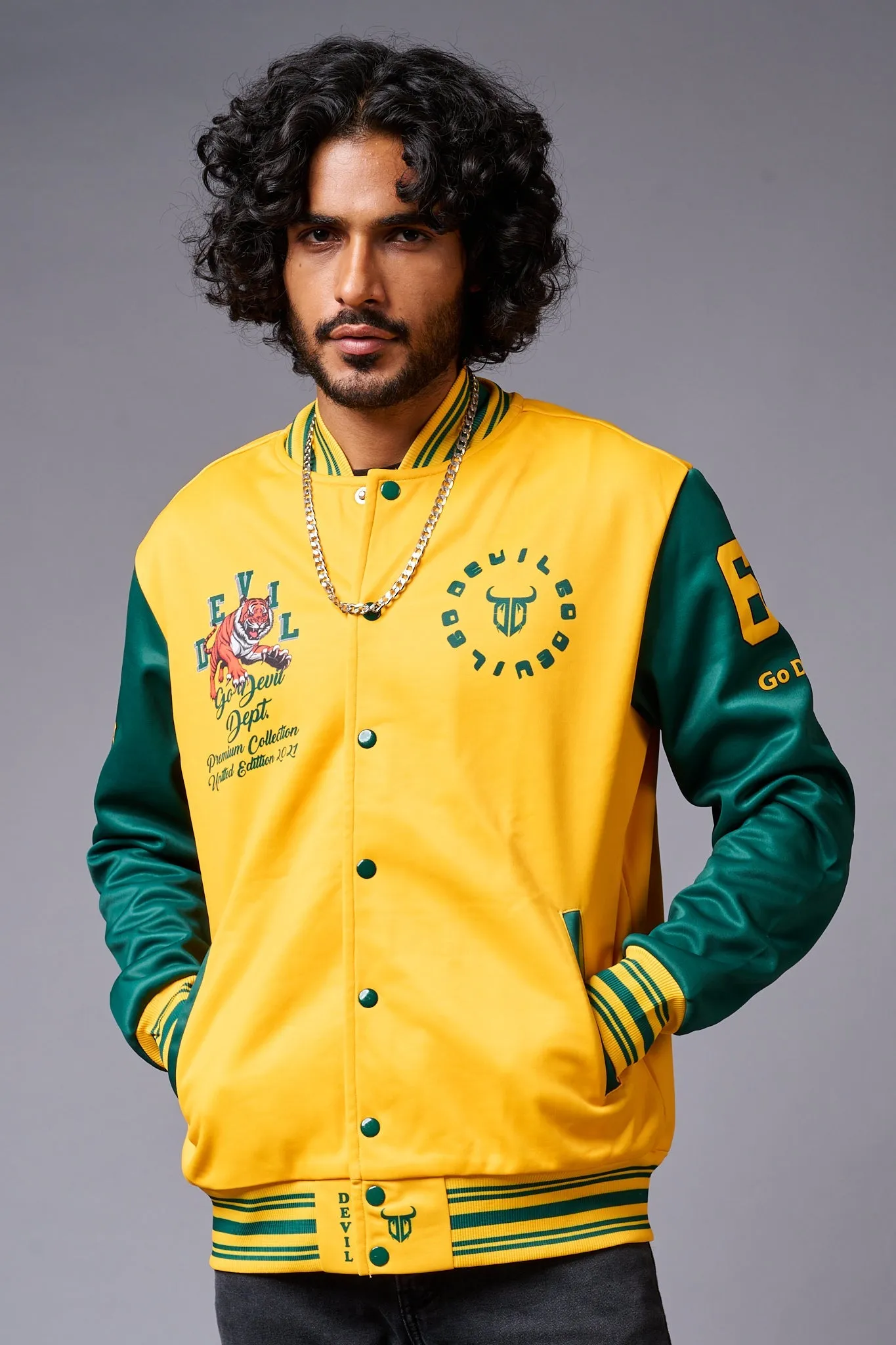 Tiger Printed Yellow & Green Varsity Jacket for Men