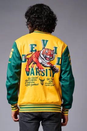 Tiger Printed Yellow & Green Varsity Jacket for Men