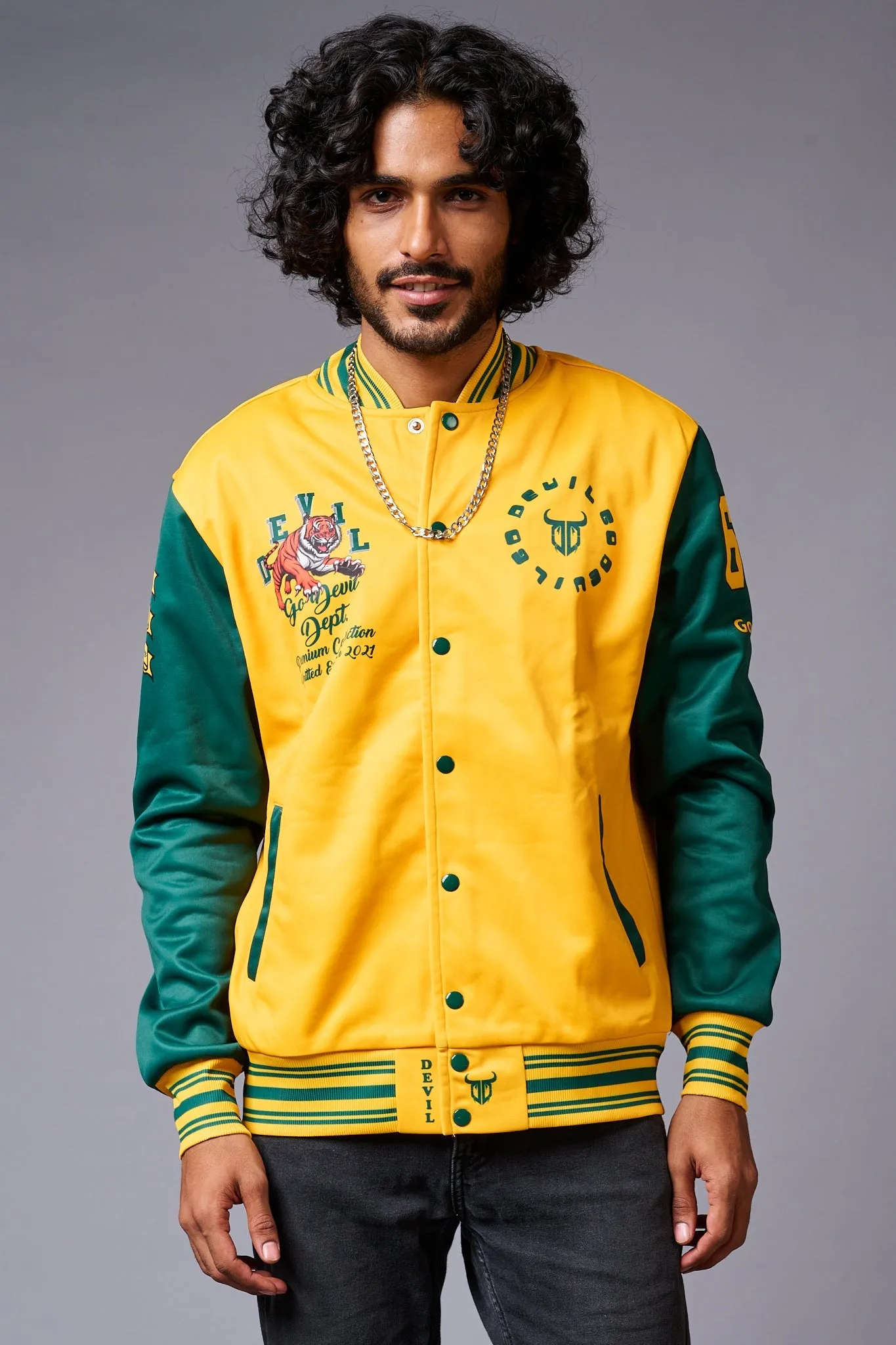 Tiger Printed Yellow & Green Varsity Jacket for Men