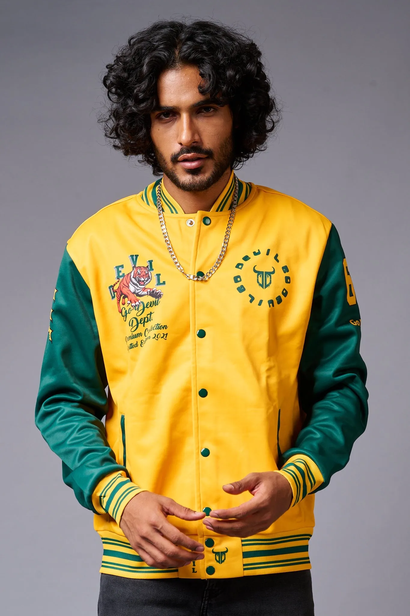 Tiger Printed Yellow & Green Varsity Jacket for Men