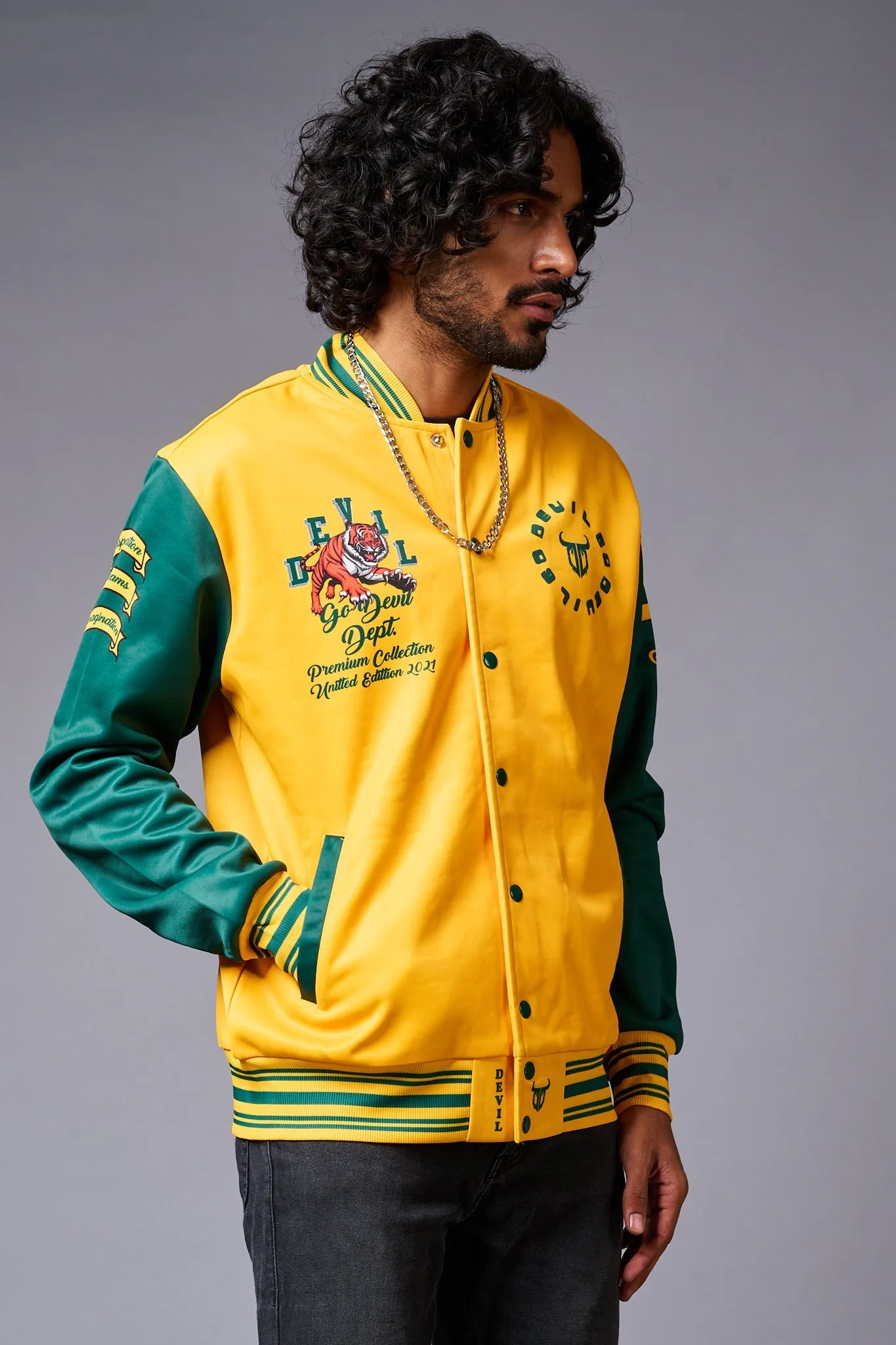 Tiger Printed Yellow & Green Varsity Jacket for Men