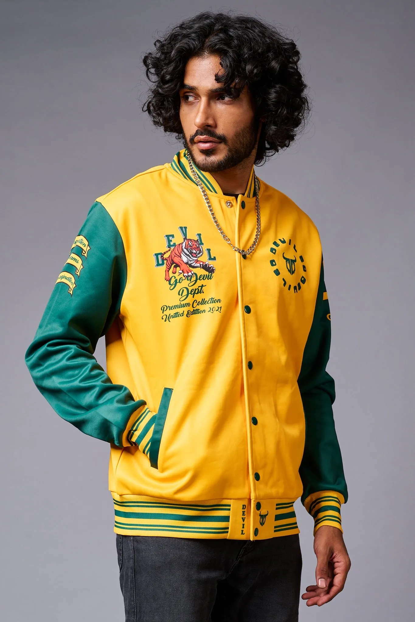 Tiger Printed Yellow & Green Varsity Jacket for Men