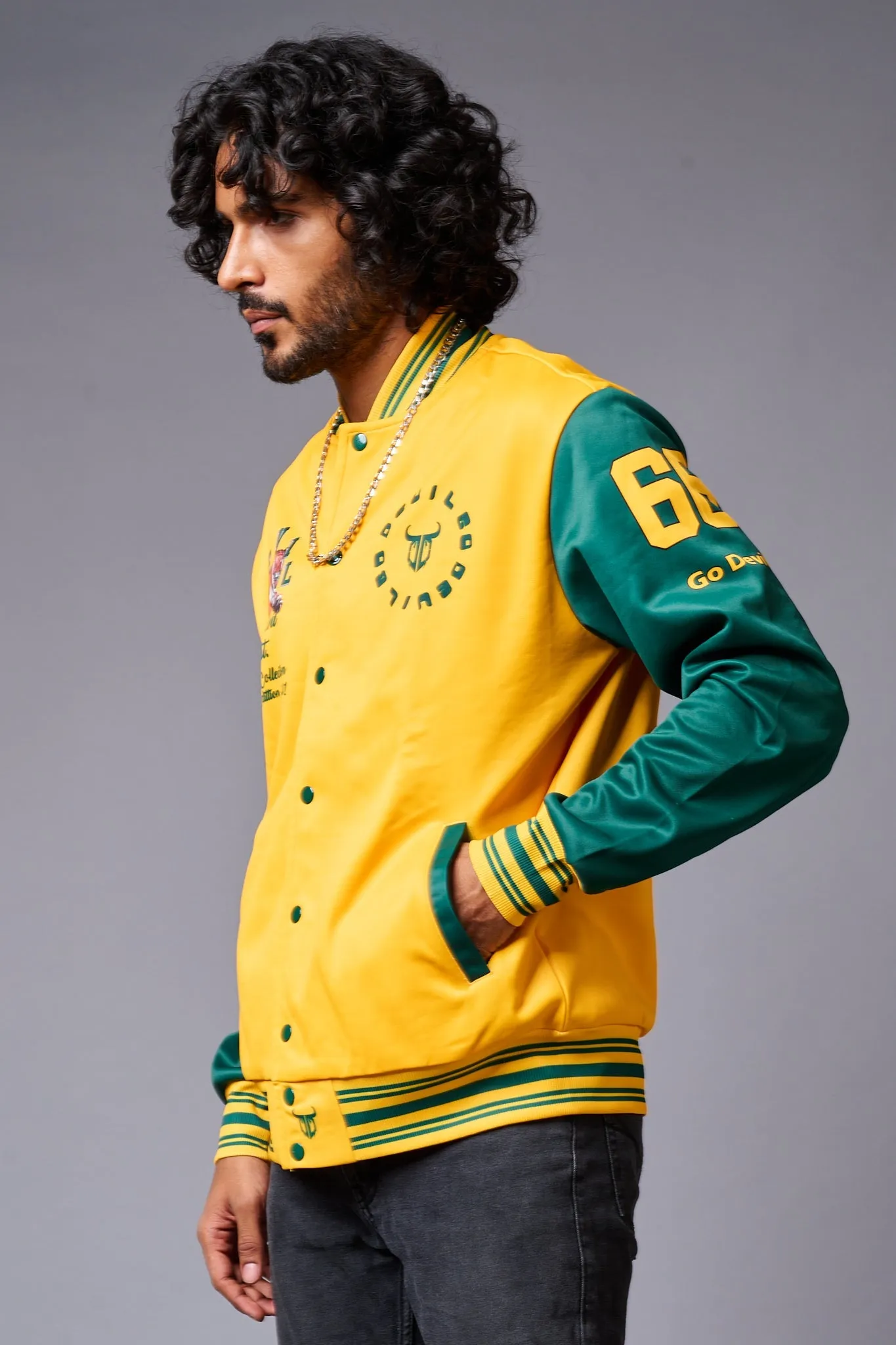 Tiger Printed Yellow & Green Varsity Jacket for Men