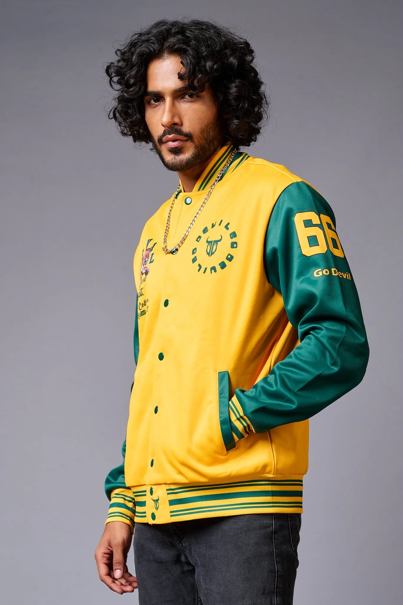 Tiger Printed Yellow & Green Varsity Jacket for Men