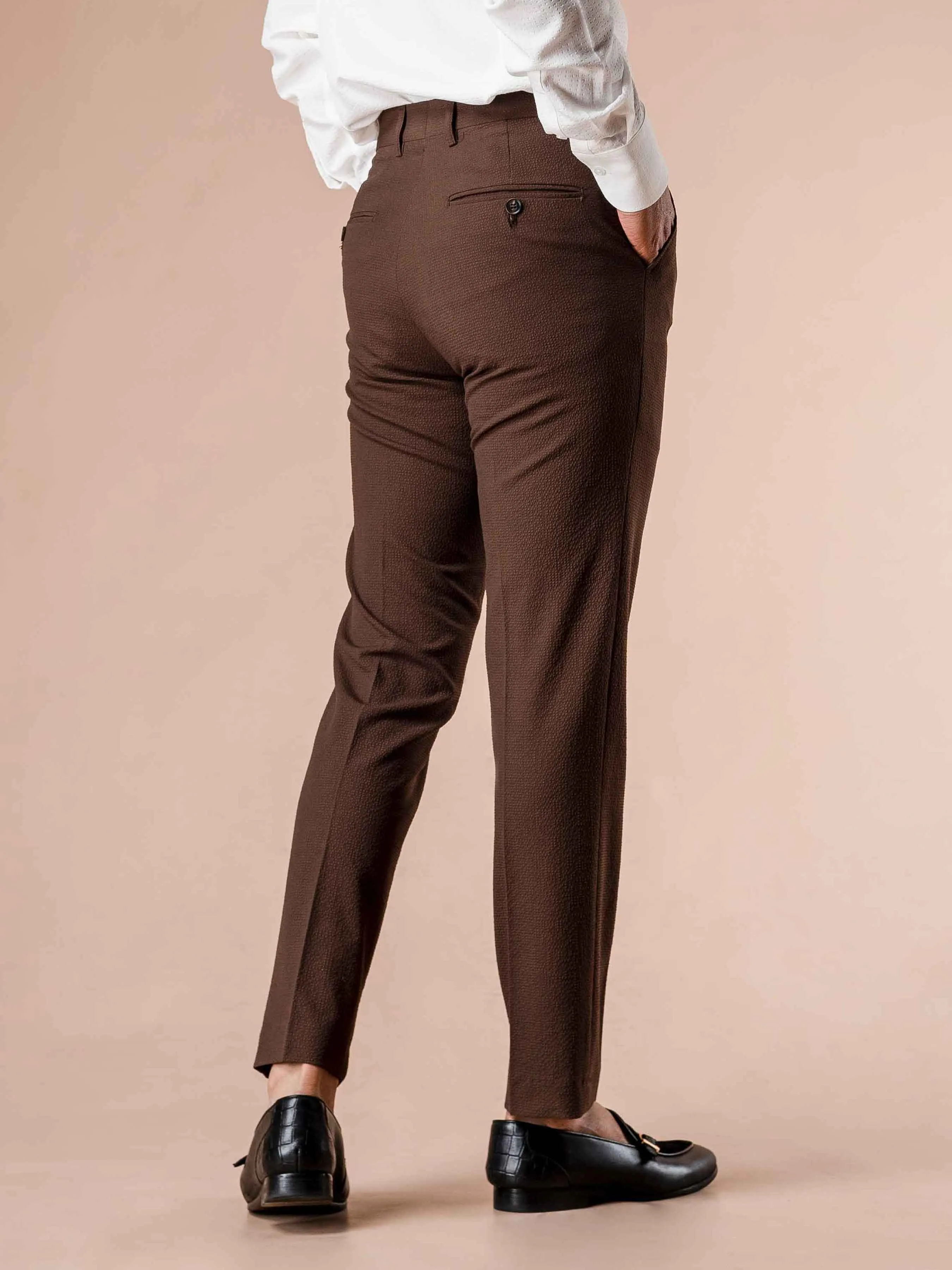 Trousers With Belt Loop - Seersucker Coffee Plain (Stretchable)