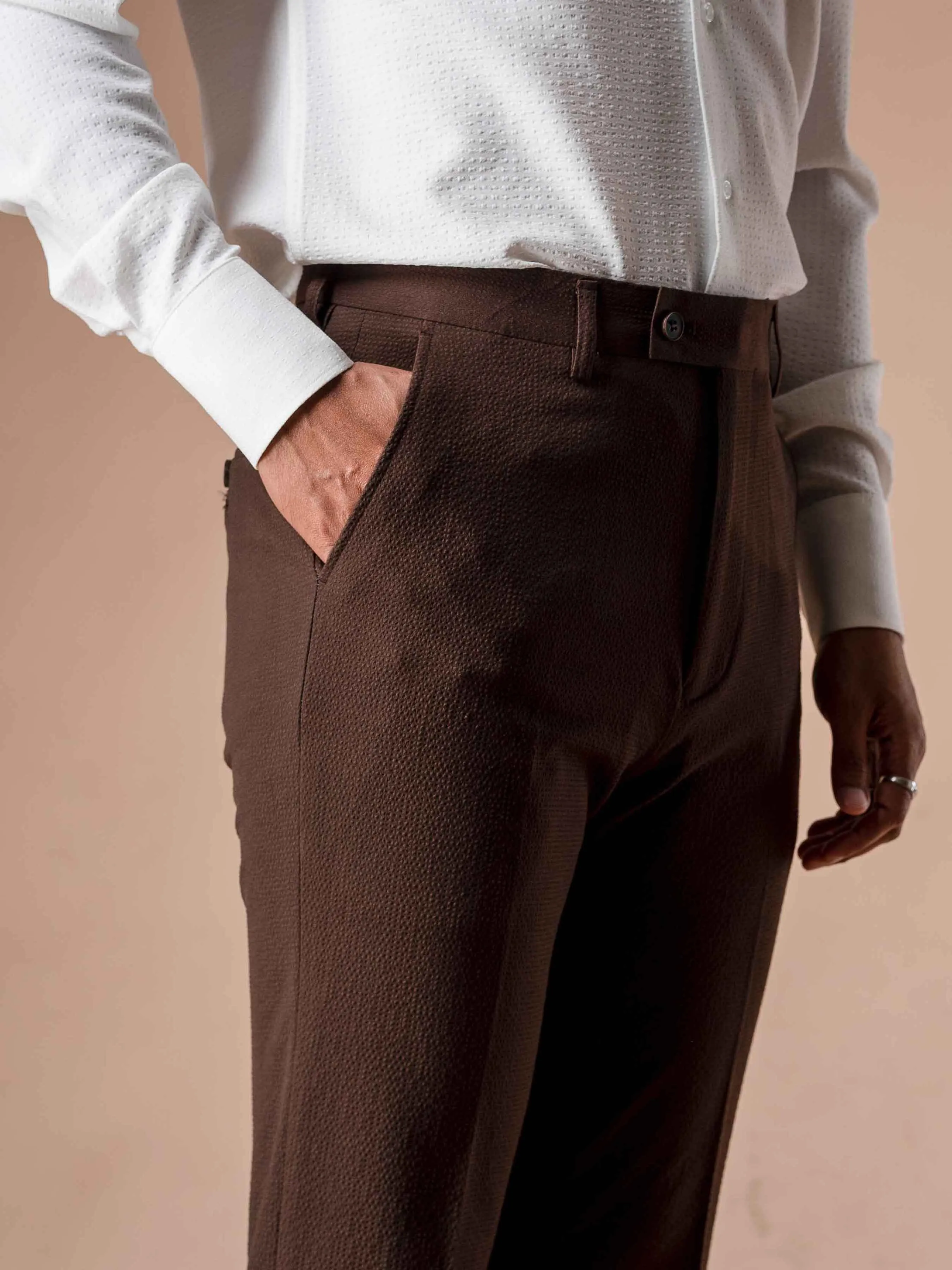 Trousers With Belt Loop - Seersucker Coffee Plain (Stretchable)