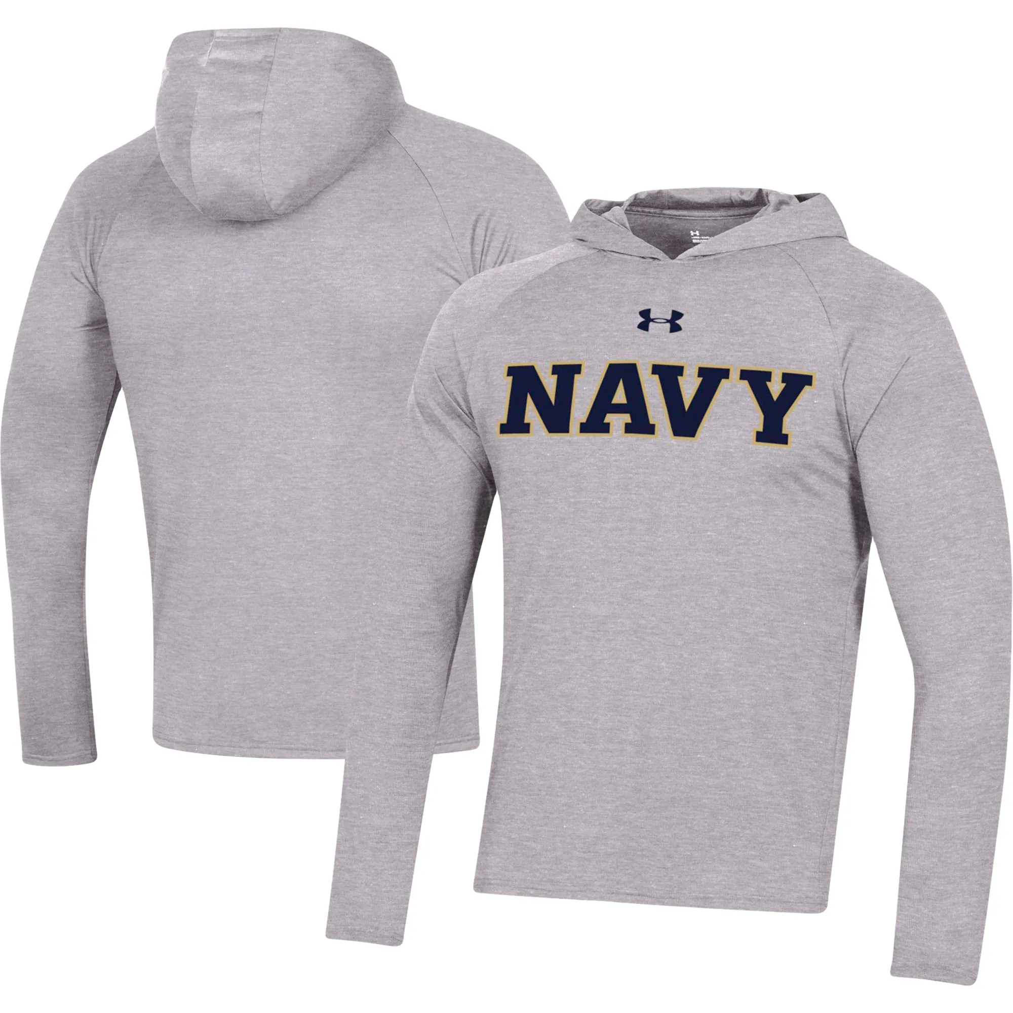 Under Armour  Navy Midshipmen Heather Gray School Logo Raglan Long Sleeve Hoodie Performance T-Shirt