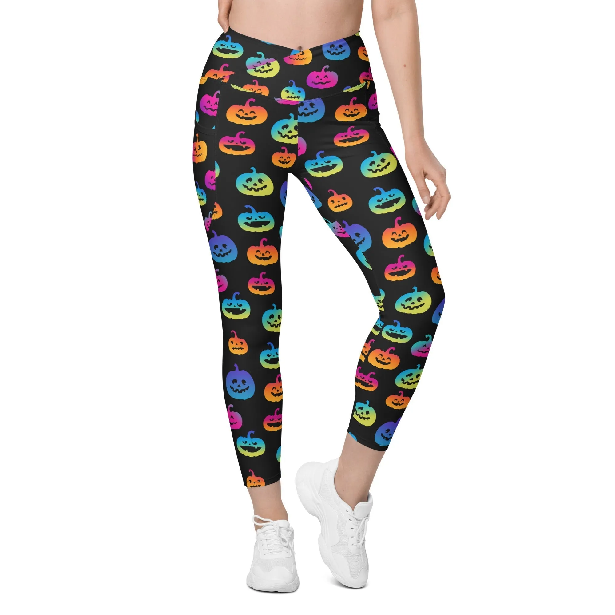 Vibrant Jack O'Lanterns Crossover Leggings With Pockets