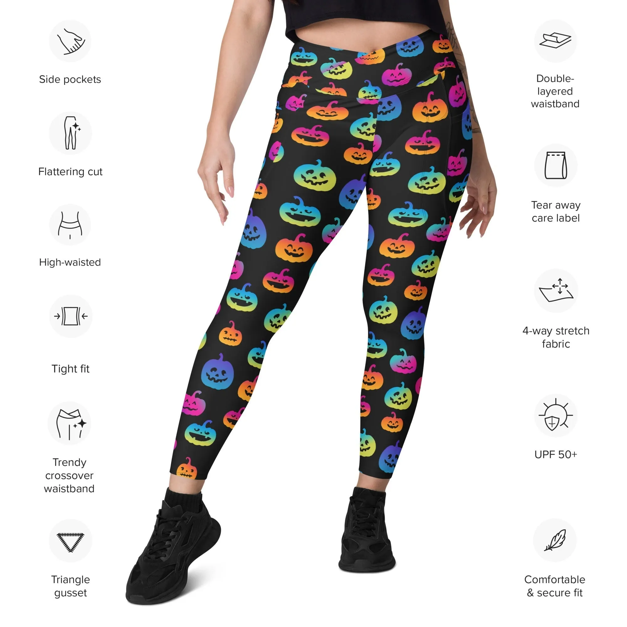 Vibrant Jack O'Lanterns Crossover Leggings With Pockets