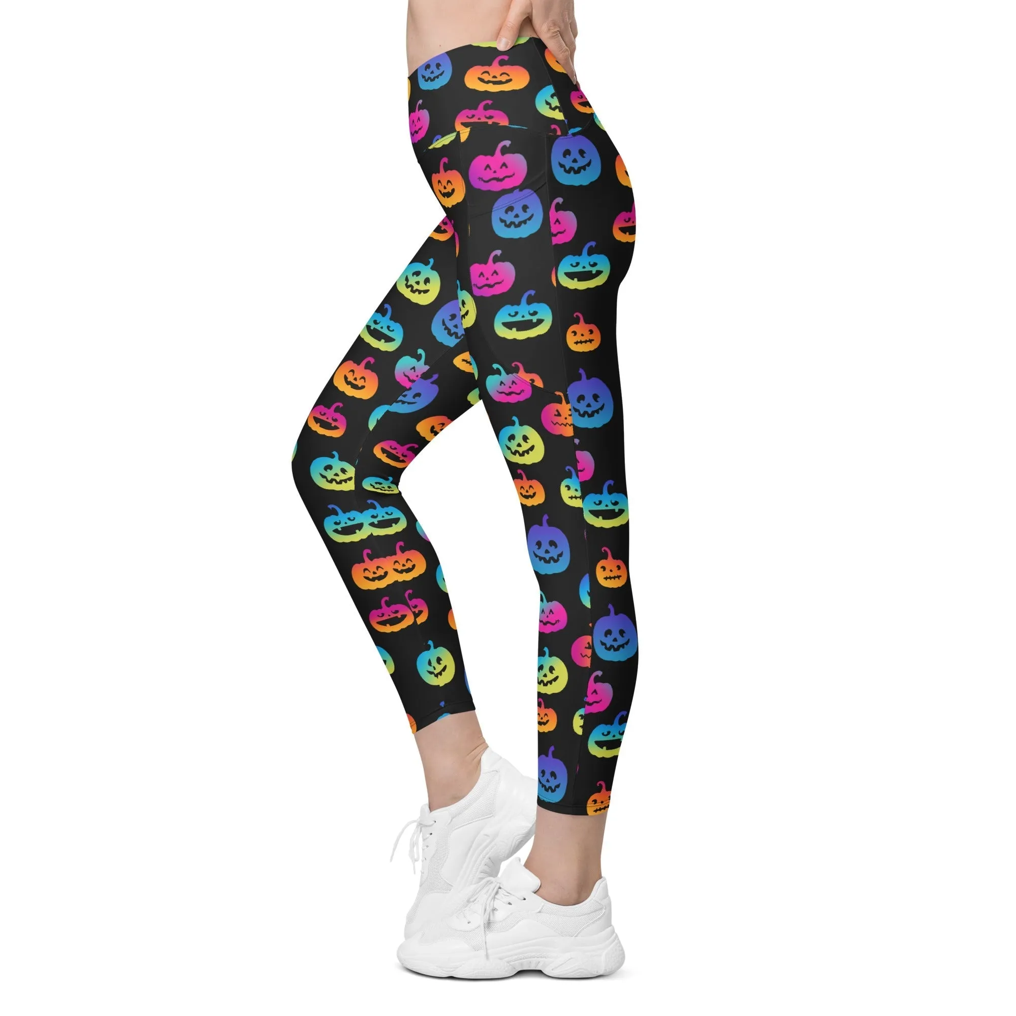 Vibrant Jack O'Lanterns Crossover Leggings With Pockets