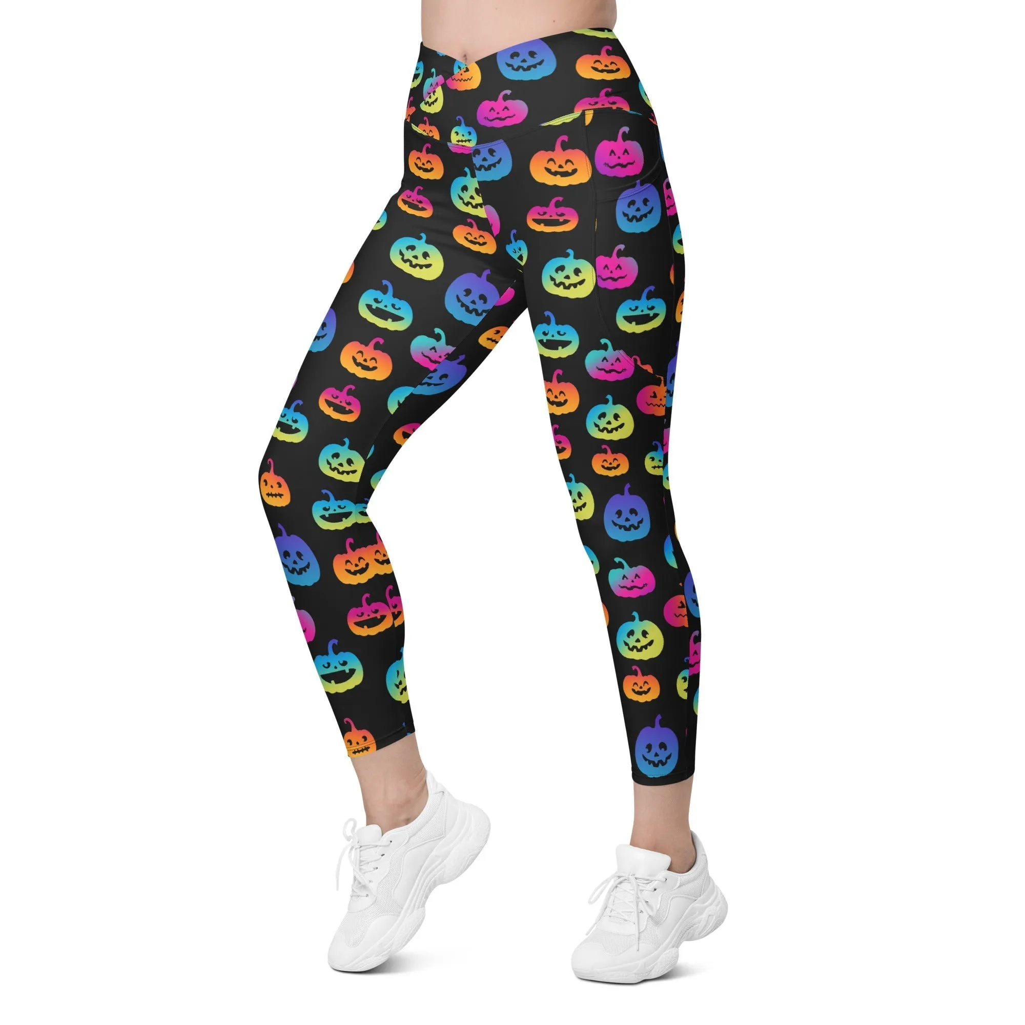 Vibrant Jack O'Lanterns Crossover Leggings With Pockets