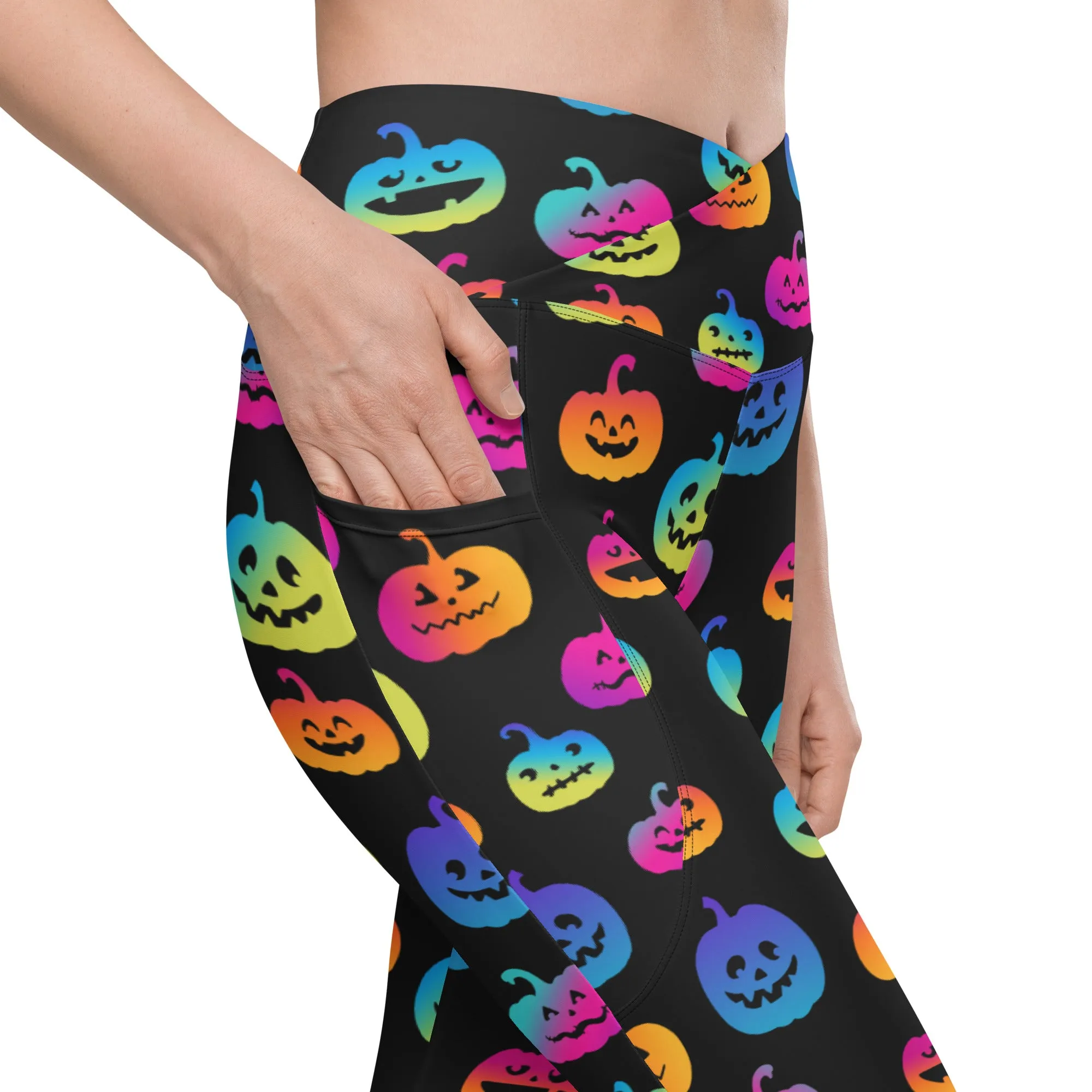 Vibrant Jack O'Lanterns Crossover Leggings With Pockets