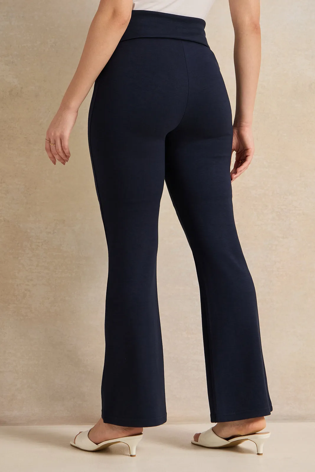 Women Navy Fold Over Waistband With Flare Leggings