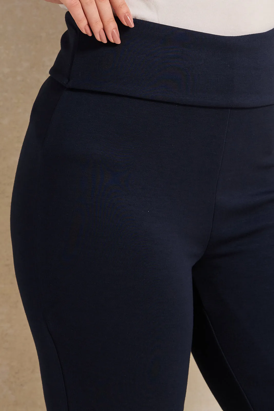 Women Navy Fold Over Waistband With Flare Leggings