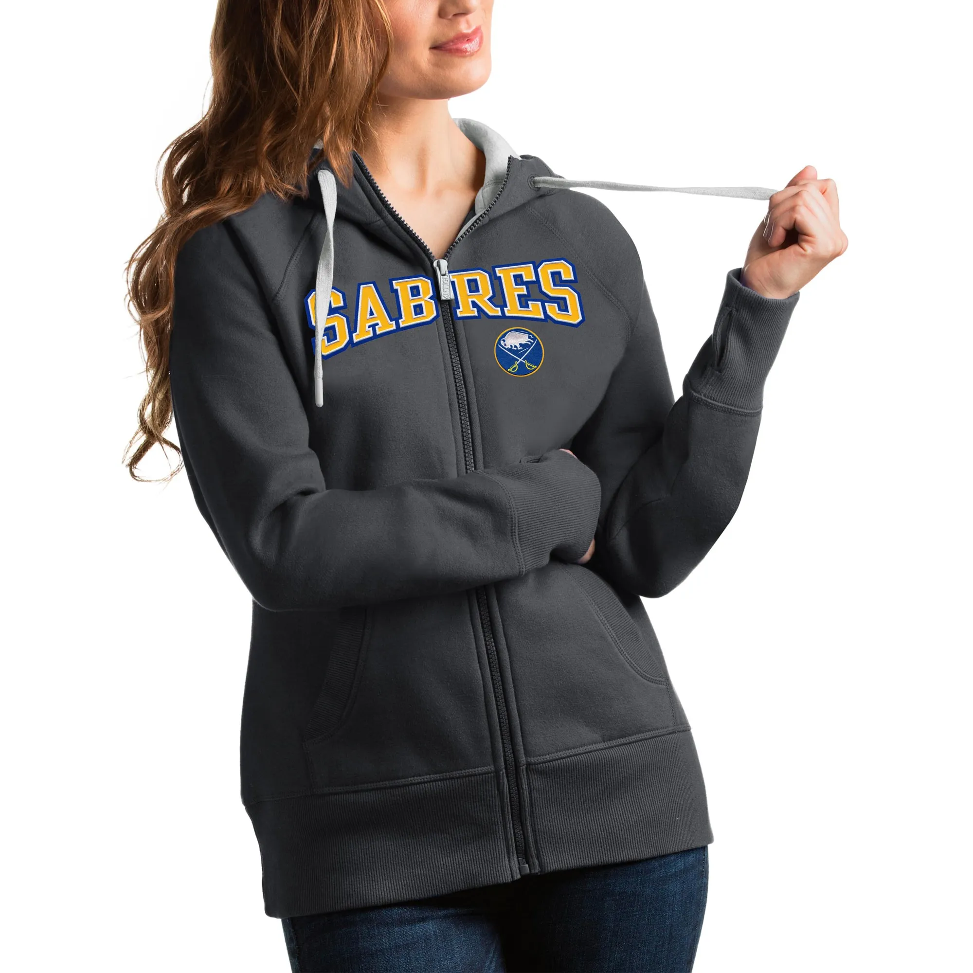 Women's Buffalo Sabres Antigua Charcoal Wordmark Victory Full-Zip Hoodie